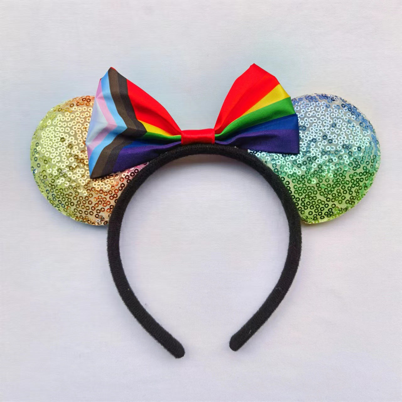 Cartoon Mickey Mouse Ear Headband with Rainbow Sequins and Bow for Theme Parties