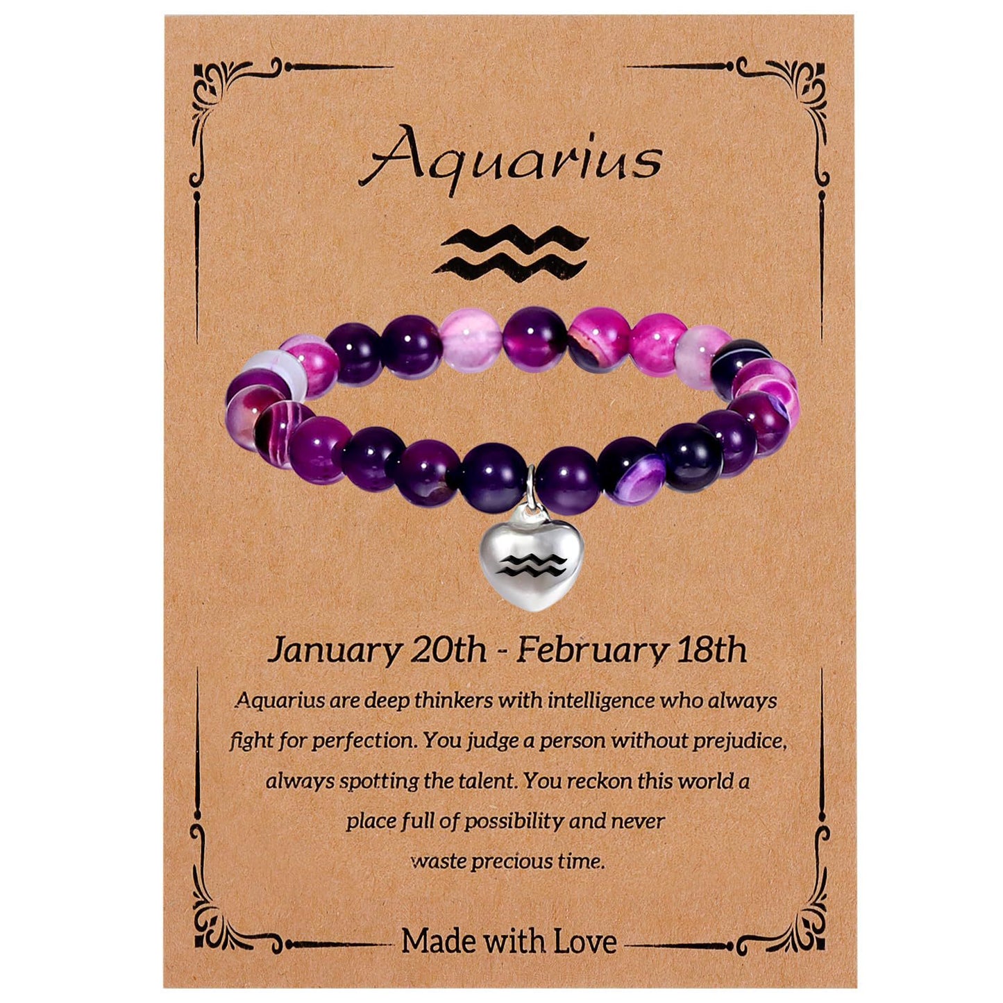 Elegant Heart Shape Agate Beaded Charm Bar for Women Zodiac Natural Stone Birthday Gift