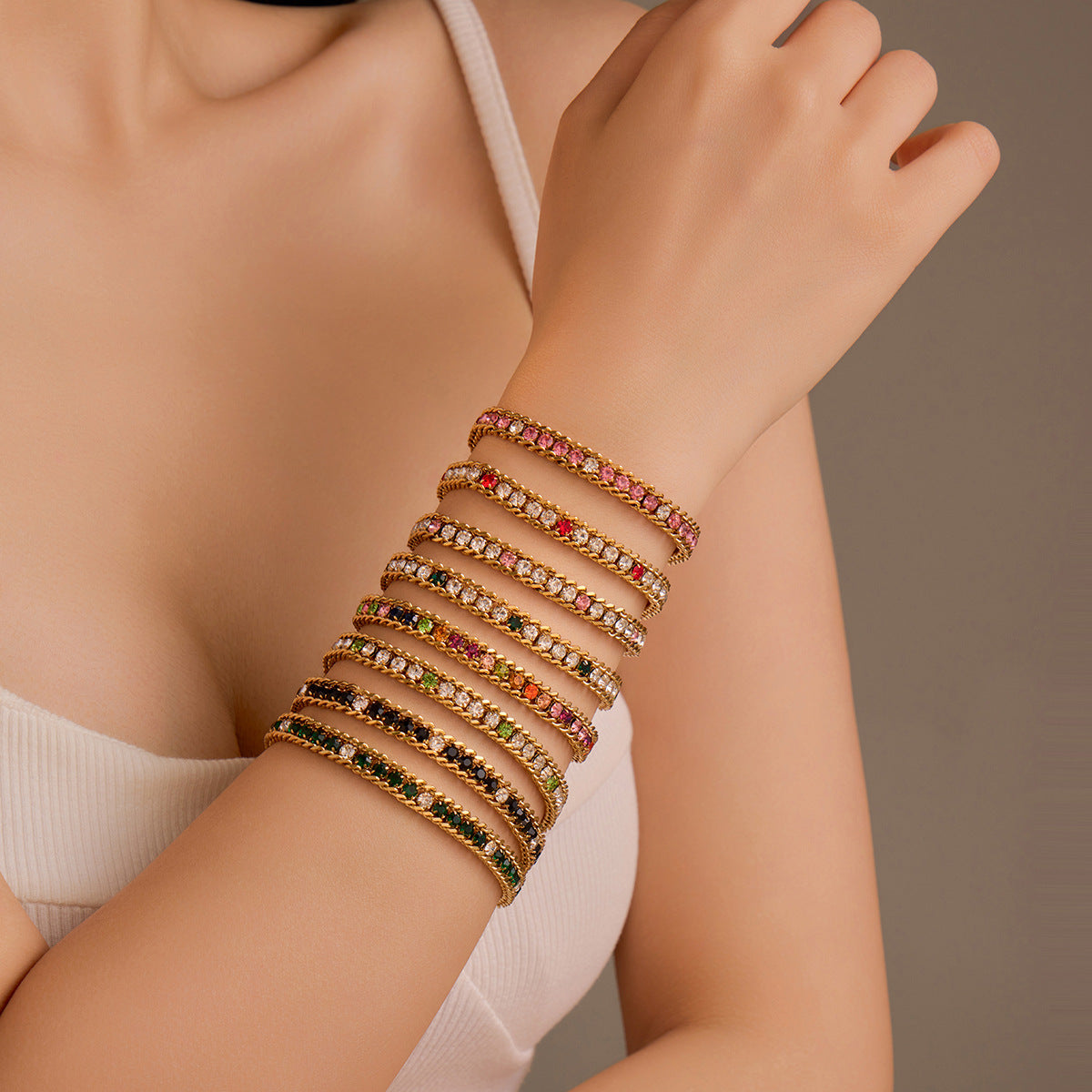 Minimalist Titanium Steel Bracelet for Women with Colorful Zircon Inlay and Plated Finish