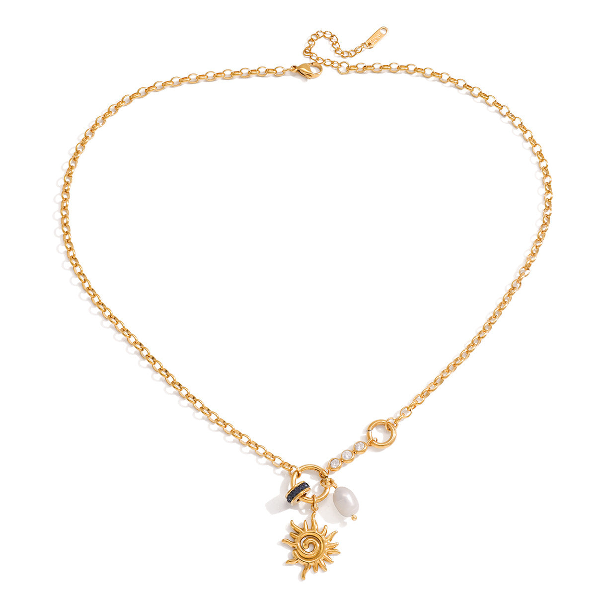 Minimalist Spiral Sun Titanium Steel Pendant with Freshwater Pearl Plated Necklace for Women
