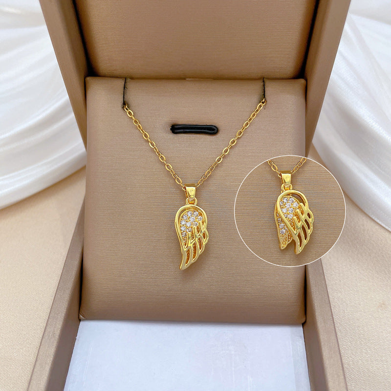 Luxury Feather Wing Geometric Pendant Necklace Titanium Steel Chain Rhinestone Inlay for Unisex
