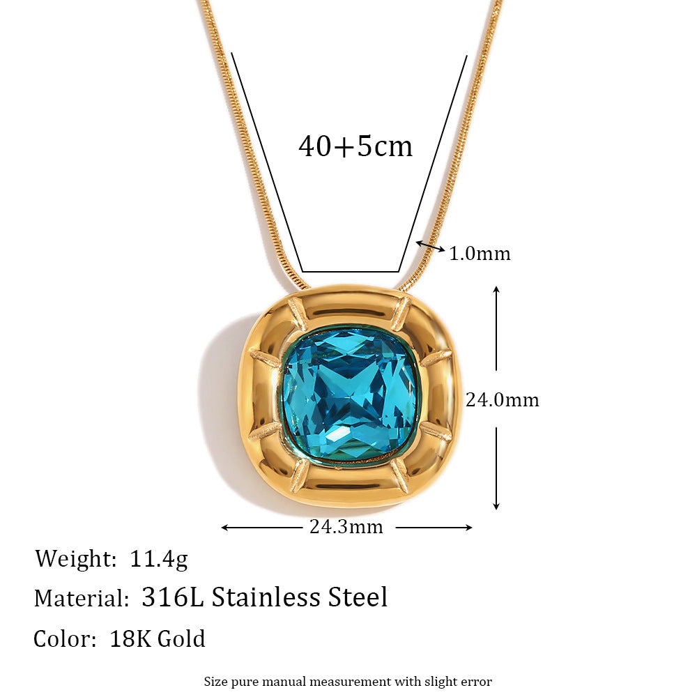 Vintage Fashion Floral Geometric Square Zirconia Necklace for Women Stainless Steel with 18K Gold Plating