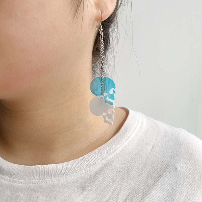 Pendientes Acrílicos Retro de Calavera con Acentos de Colores, Diseño de Personaje de Dibujos Animados, Elegantes y Versátiles para Mujer