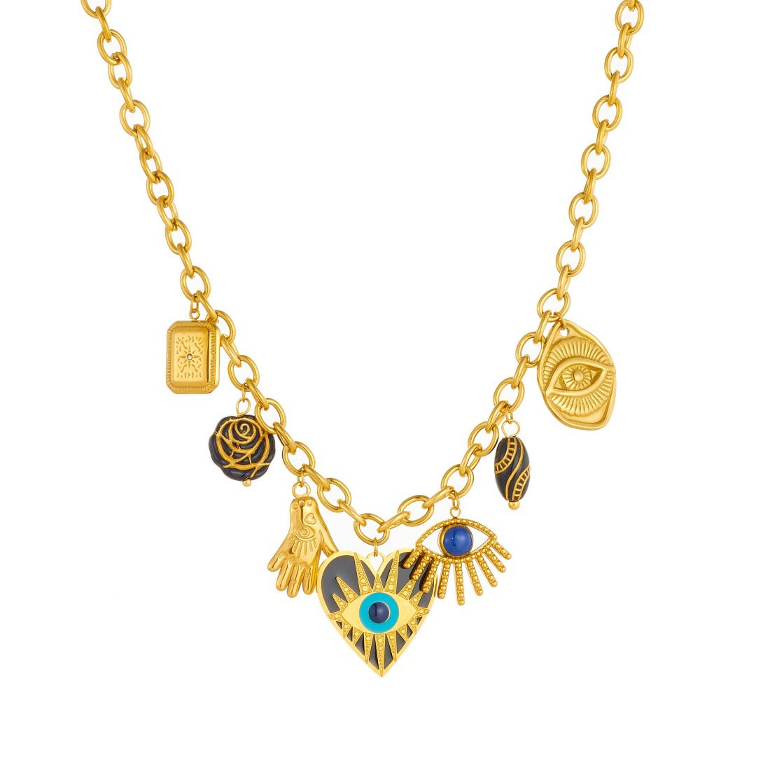 Vintage Bohemian Heart Teardrop Drip Oil Gold Plated Stainless Steel Evil Eye Compass Pendant Necklace and Bracelet Set with Cable Chain for Women
