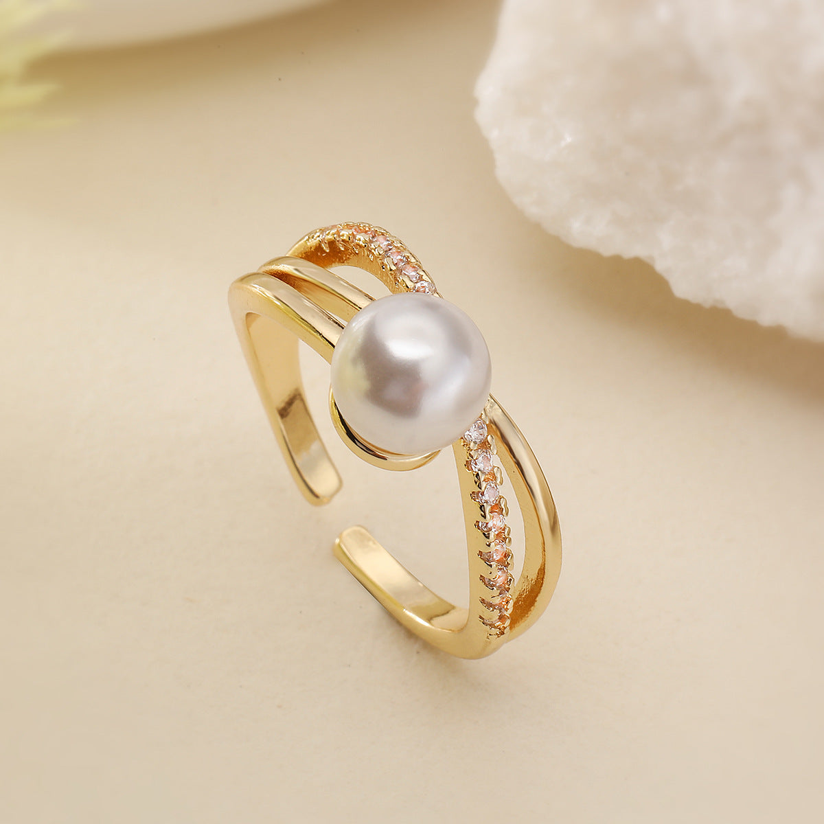 Geometric Open Ring for Women with Copper Base Plated in 18K Gold Featuring Zircon and Pearl Accents Minimalist Fashion Accessory
