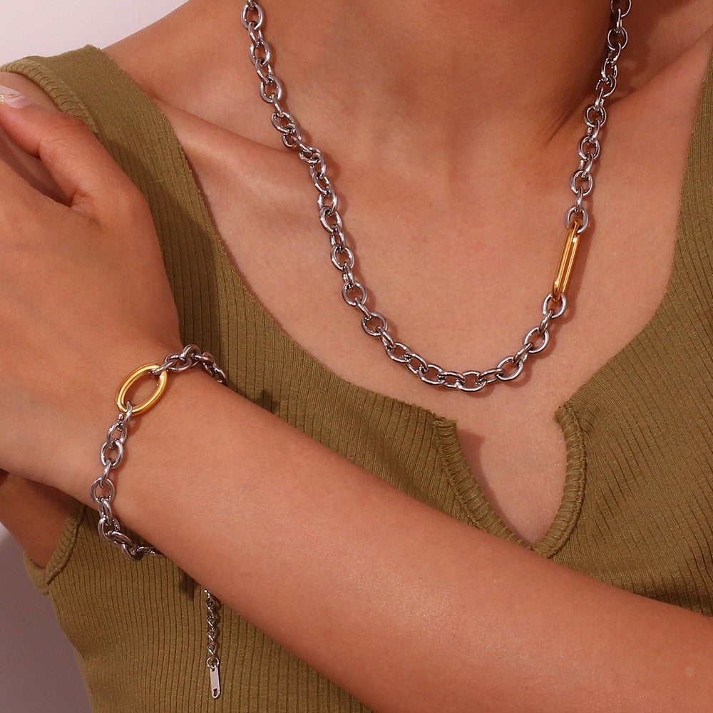 Minimalist Geometric Stainless Steel Necklace Set with 18K Gold Plated O-Chain and Matching Bracelet for Women