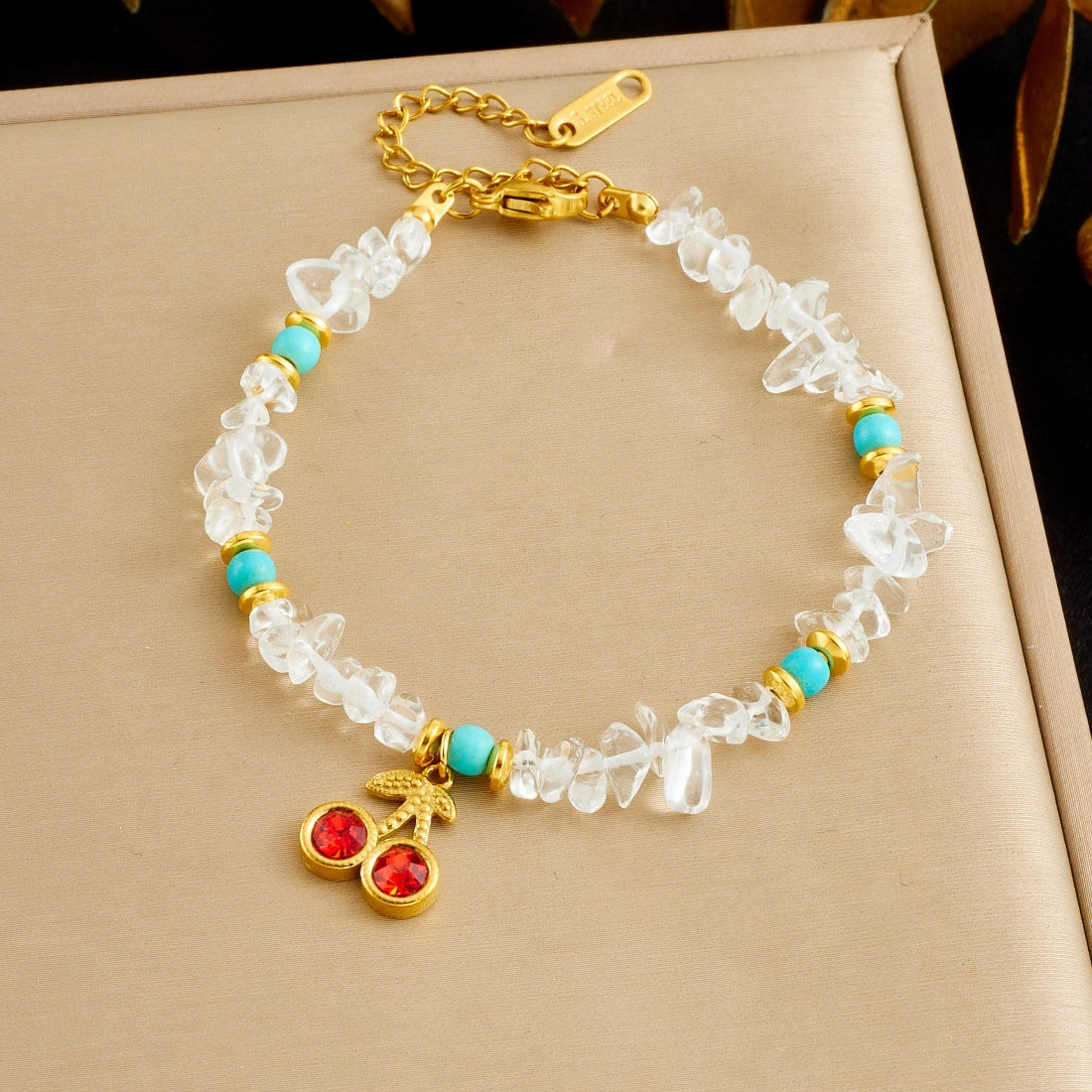 Sweet Stainless Steel Cable Chain Bracelet with Cherry Pendant, Turquoise Chips and Rhinestones