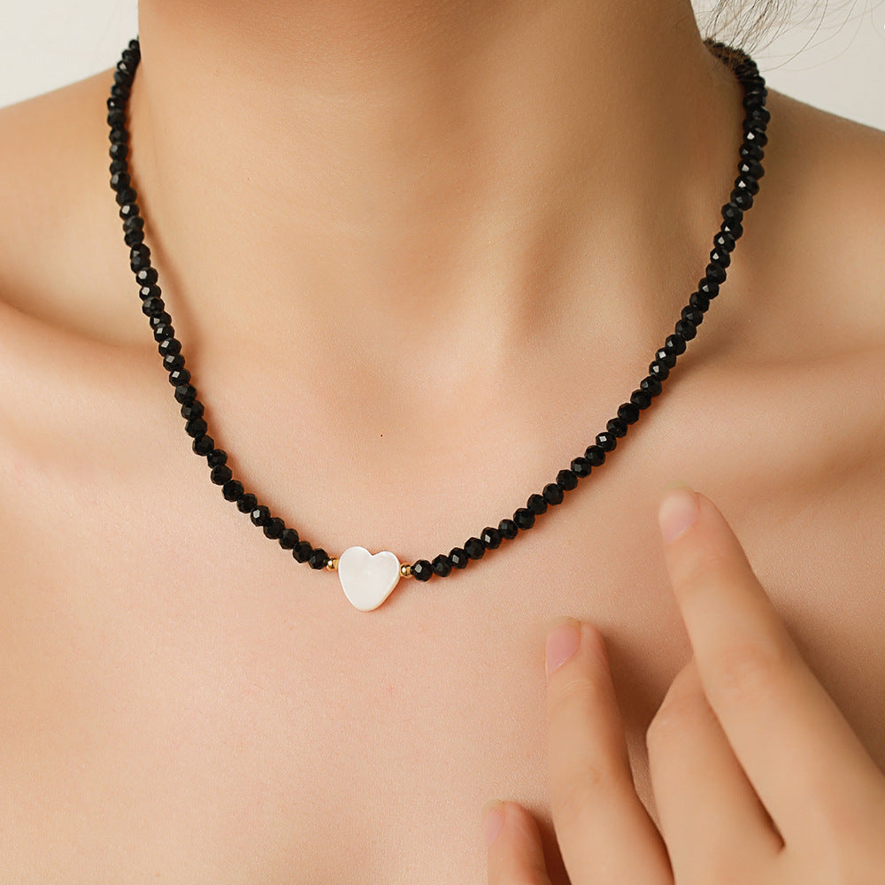 Bohemian Style Heart-Shaped Shell and Glass Bead Necklace with Stainless Steel O-Chain for Women