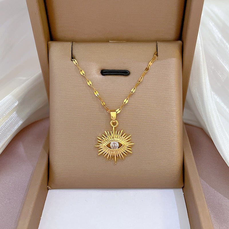 Titanium Steel Pavé Zircon Evil Eye Pendant Necklace for Women Fresh and Sweet Style Figaro Chain