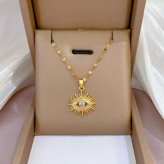 Collar con colgante de ojo turco de circonita pavé de acero de titanio para mujer, estilo fresco y dulce, cadena Fígaro