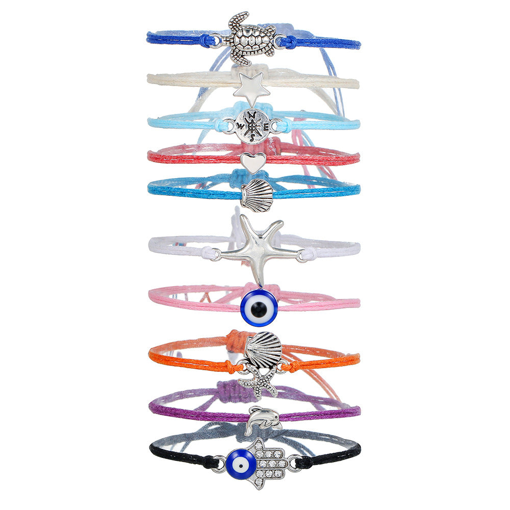 Beach Vacation Style Alloy Turtle Compass Shell Heart Starfish Evil Eye Braided Anklet and Bracelet Set