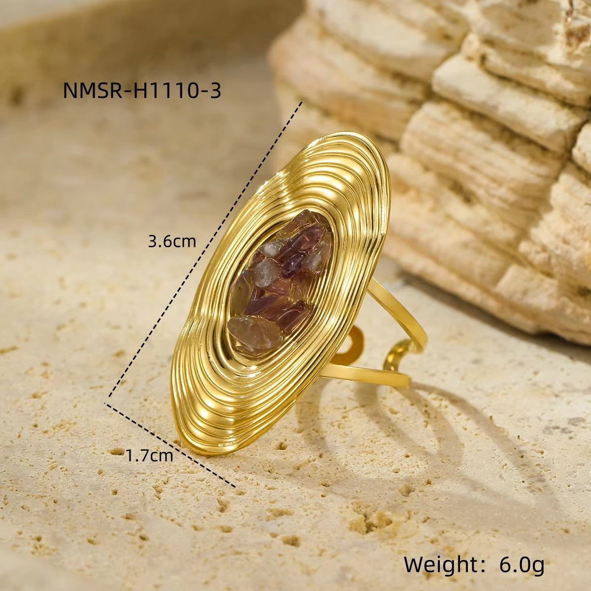 Anillo minimalista de acero inoxidable con forma ovalada e incrustaciones de piedra natural para mujer, joyería de lujo