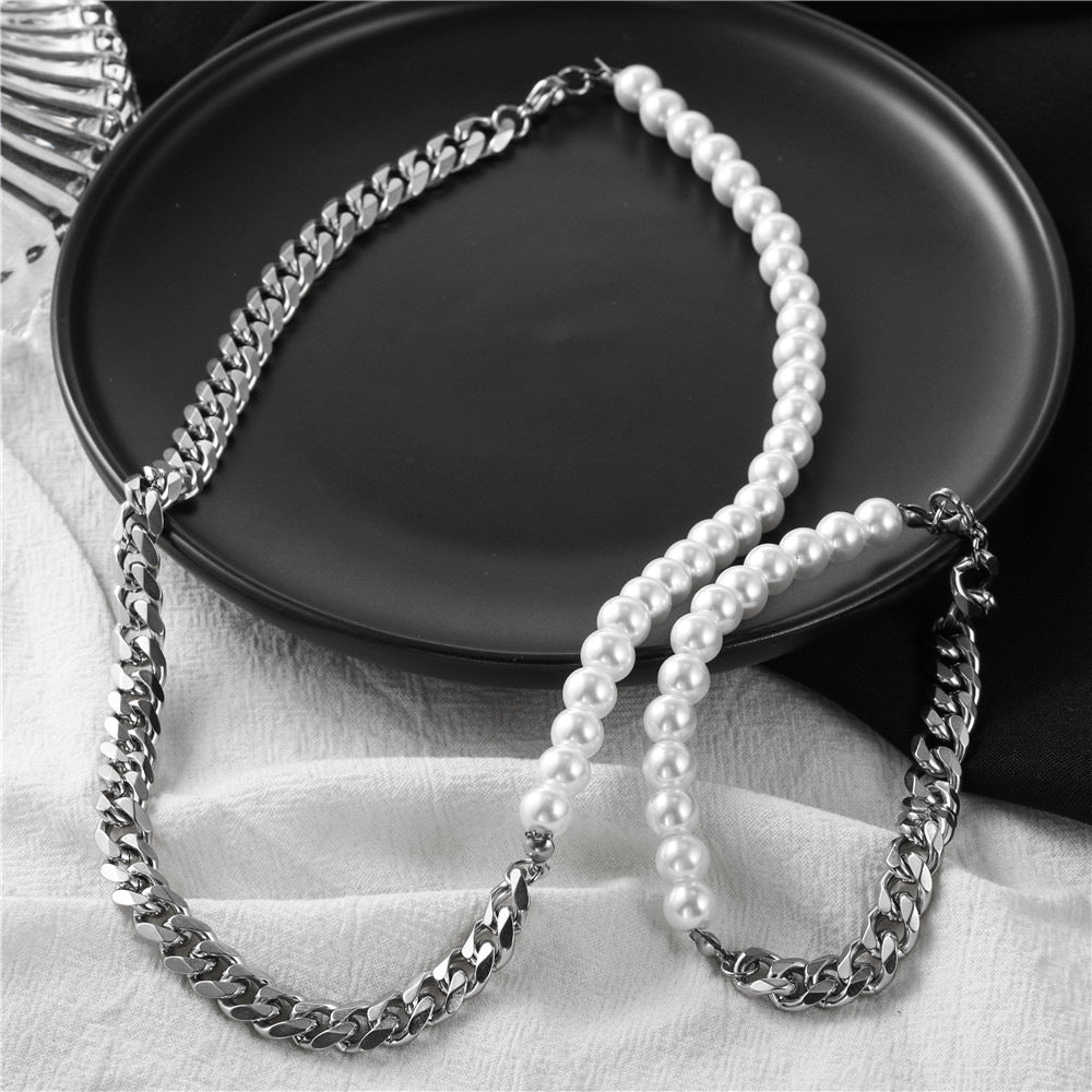 Geometric Titanium Steel Cuban Link Box Chain Necklace with Pearl Unisex