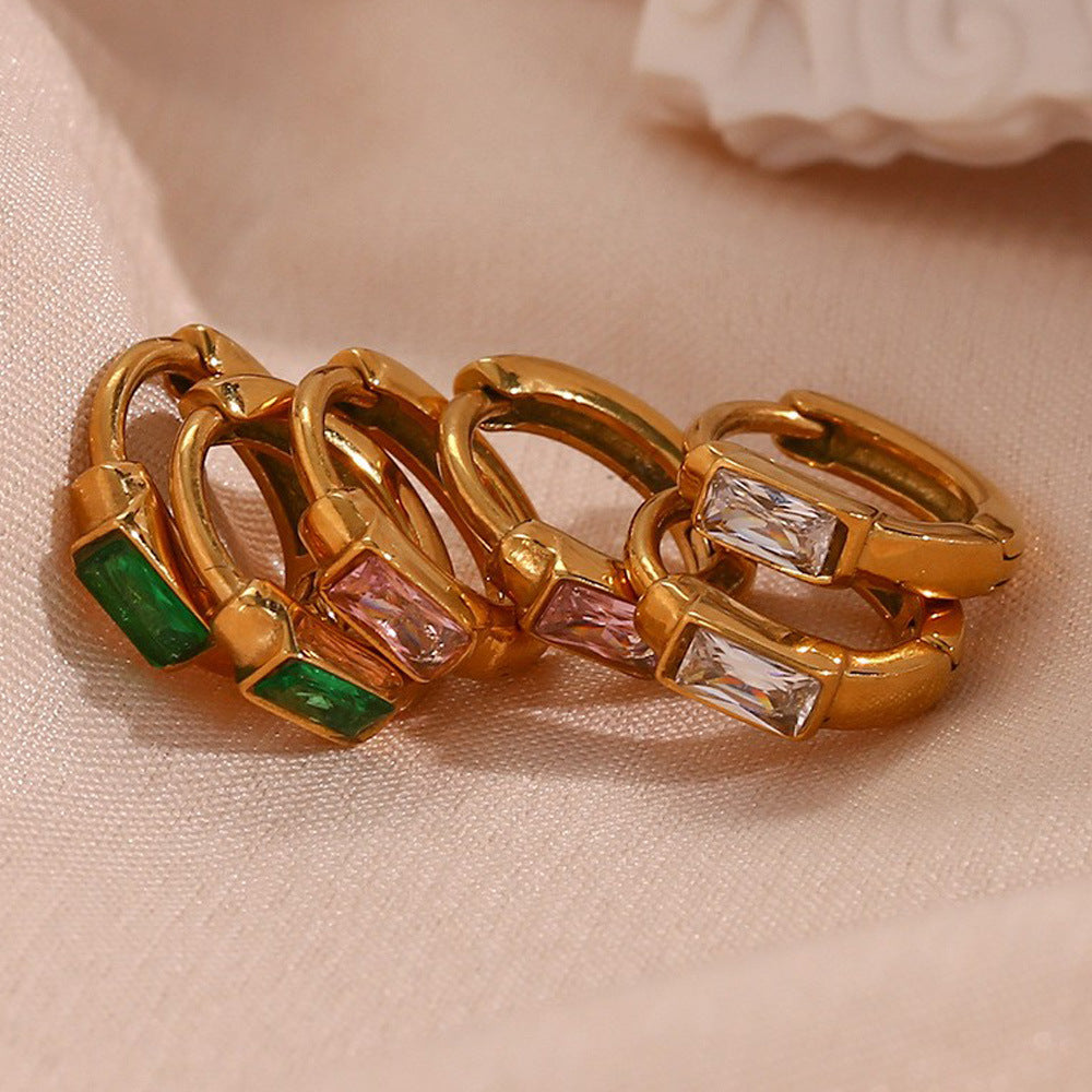 Minimalist Retro Geometric Stainless Steel Gold-Plated Square Zircon Hoop Earrings for Women