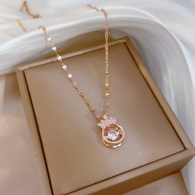 Four-Leaf Clover Rhinestone Pendant Necklace for Women Titanium Steel Irregular Chain Shell Locket Floral Style