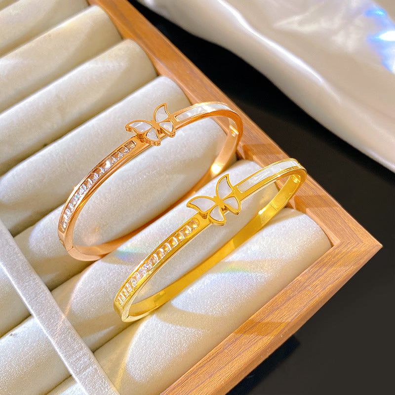 Elegant Micro-inlay Shell and Cubic Zirconia Butterfly Open Cuff Titanium Steel Bracelet