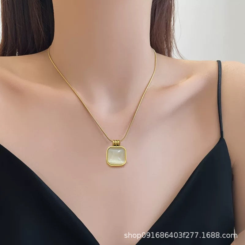 Minimalist Geometric Cat's Eye Stone Necklace in Titanium Steel with Plated Finish for Women