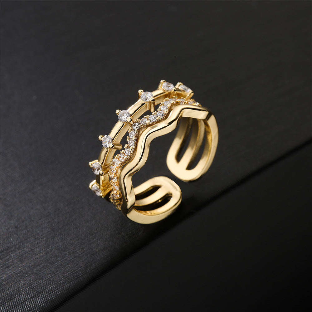 Geometric Gold Plated Brass Micro-Pave Cubic Zirconia Open Ring for Women