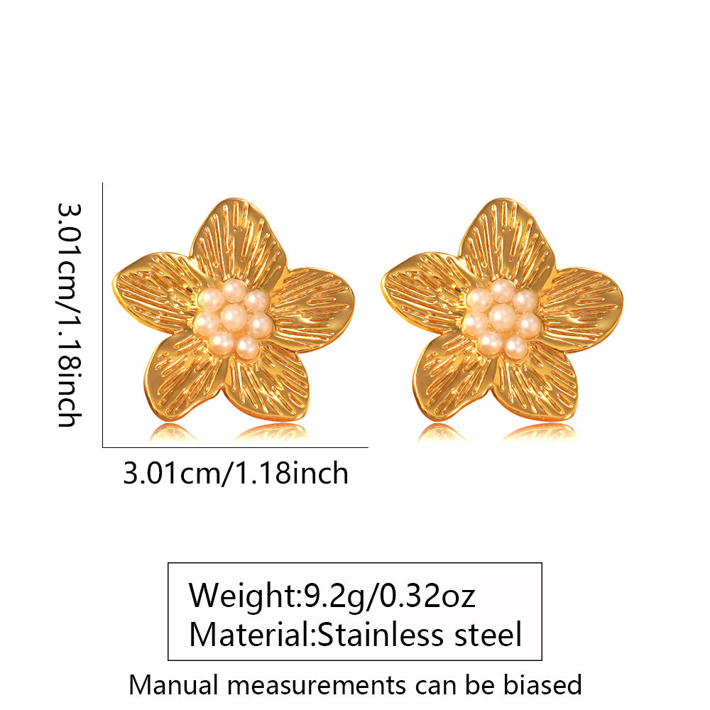 Vintage Floral Stamping Stainless Steel Pearl Earrings