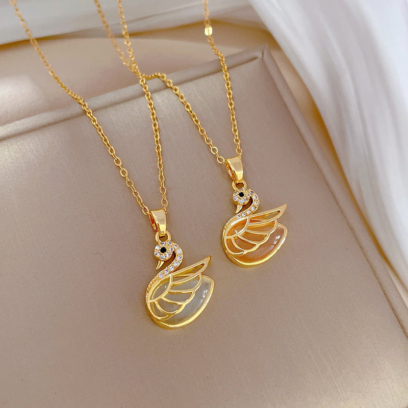 Elegant Swan Pendant Necklace with Cat's Eye Stone on Titanium Steel Chain for Women, Geometric Design, Moon Motif, Minimalist and Fresh Style