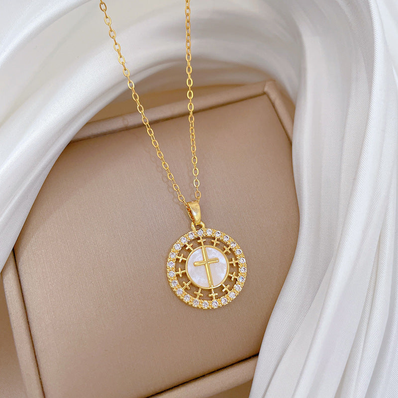 Minimalist Round Cross Pendant Necklace for Women Stainless Steel Snake Chain with Rhinestone Inlay