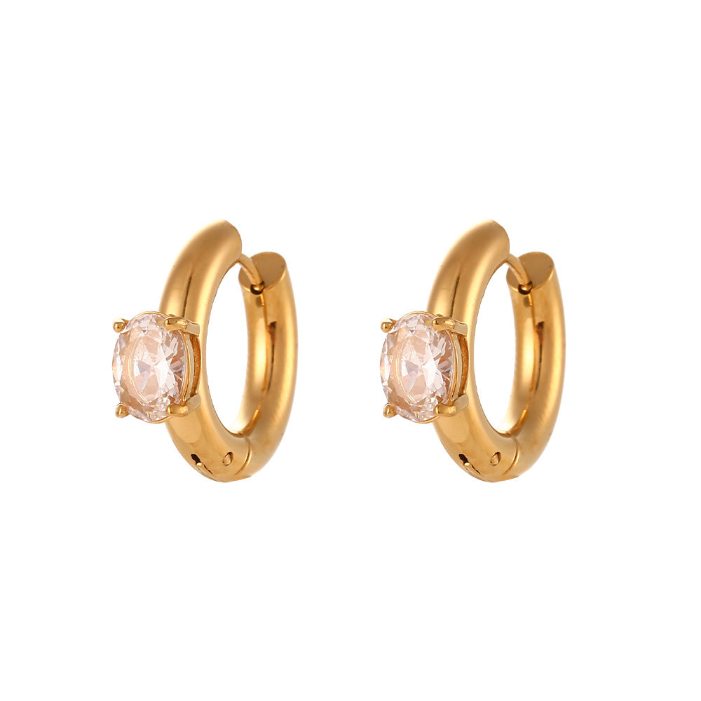 Orecchini a cerchio geometrici da donna in acciaio inossidabile placcato oro 18 carati con zirconi ovali e design minimalista