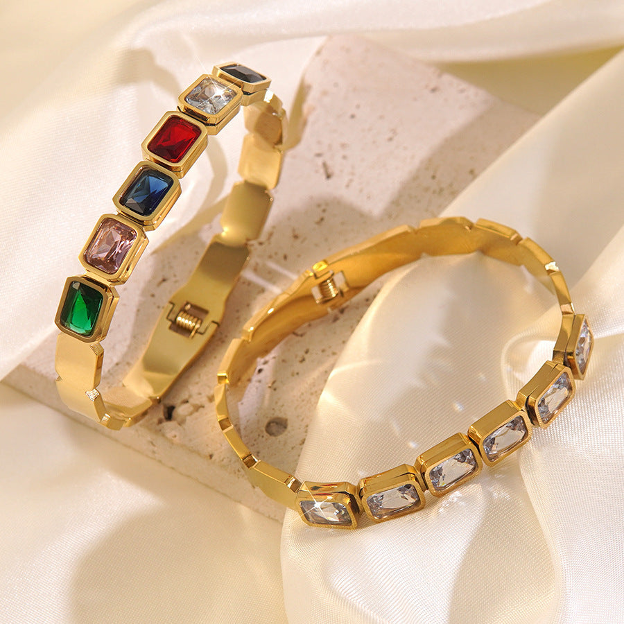 Vintage 18K Gold Plated Stainless Steel Geometric Cubic Zirconia Bracelet