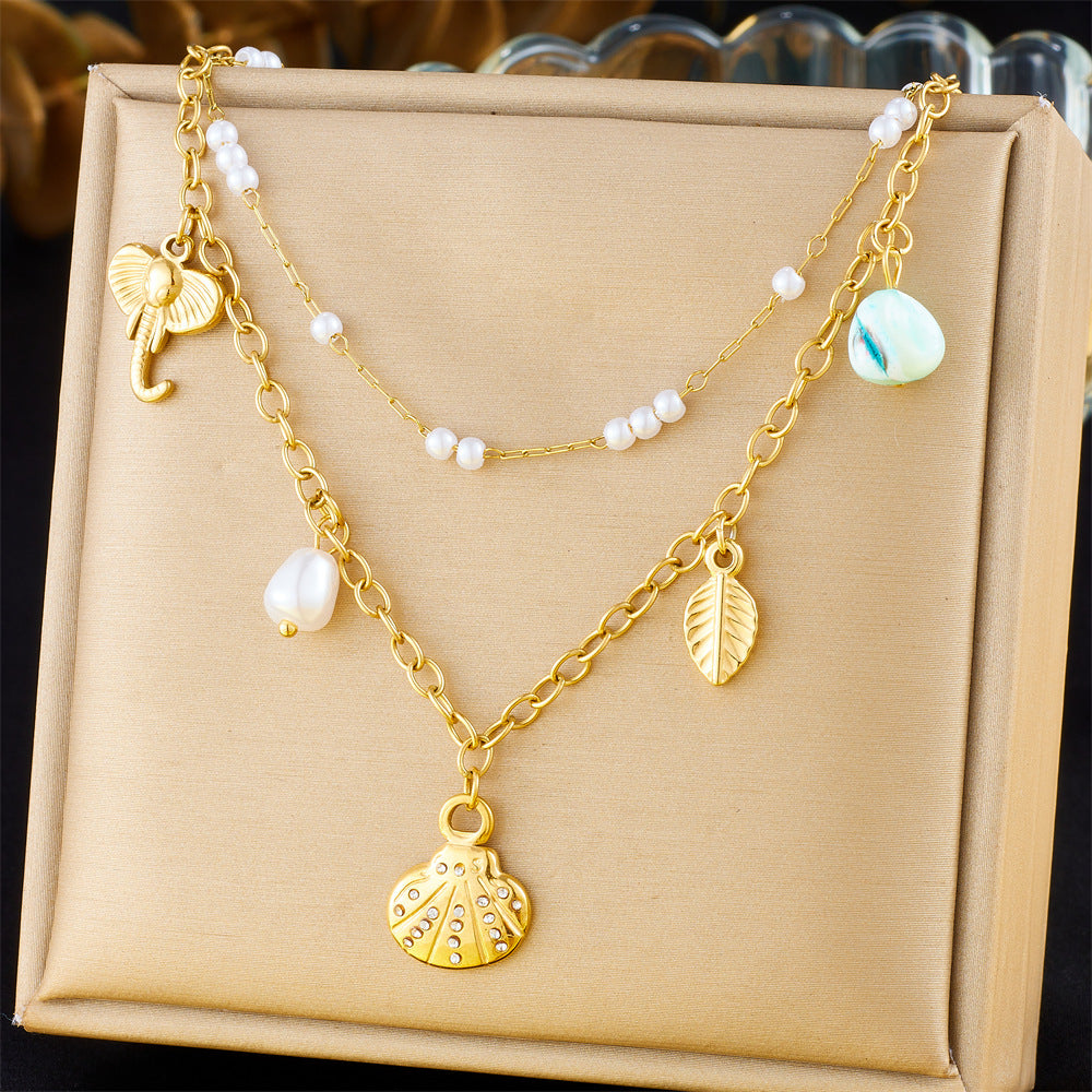 Sweet Ocean-Inspired Stainless Steel Double Layer Necklace with Seashell and Star Pendant for Women