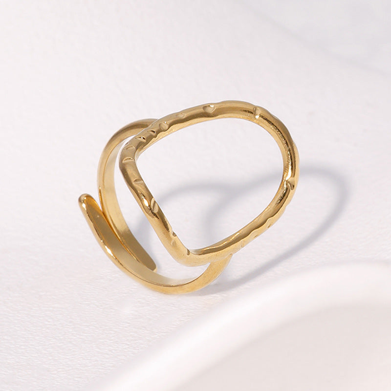 Minimalist Hammered Oval Geometric Open Ring Stainless Steel Plated Women's Jewelry