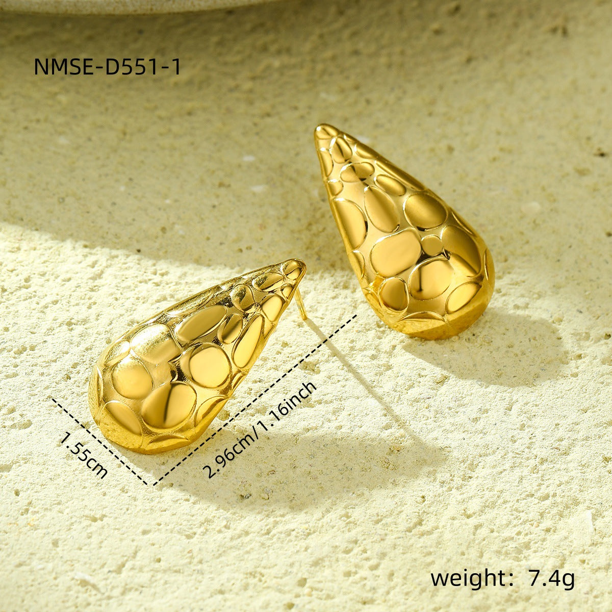 Orecchini a Goccia Irregolare in Acciaio al Titanio Stile Minimalista INS con Placcatura in Oro 18K e Texturizzazione Martellata