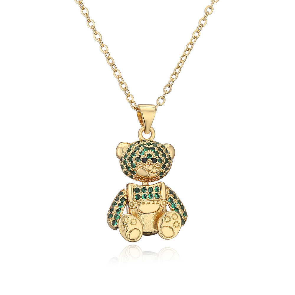 Minimalist Bear-Shaped Copper Pendant Necklace with 18K Gold Plating and Zircon Accents for Women