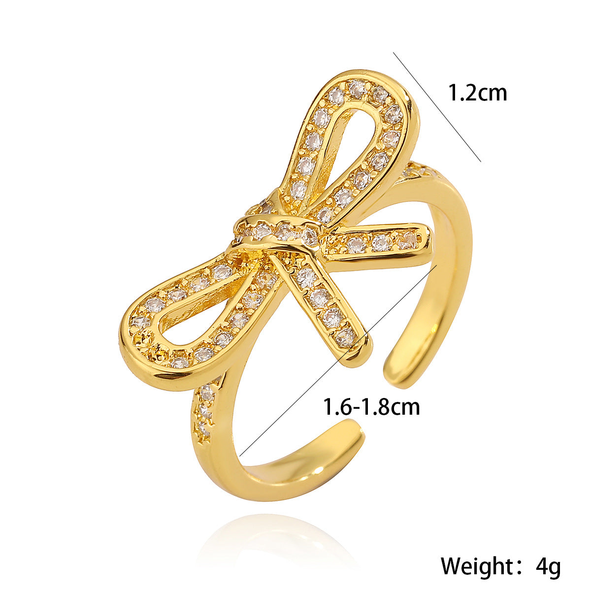 Anello in rame alla moda con placcatura in oro 18 carati e fiocco di zirconi, regolabile, con forma geometrica e incastonatura micro-pavé, da donna