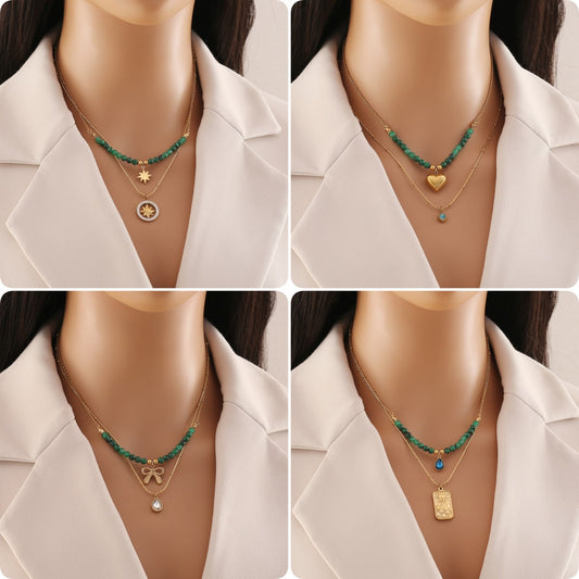 Collar de doble capa con colgante de corazón y lazo de diseño original para mujer, joyería de acero inoxidable