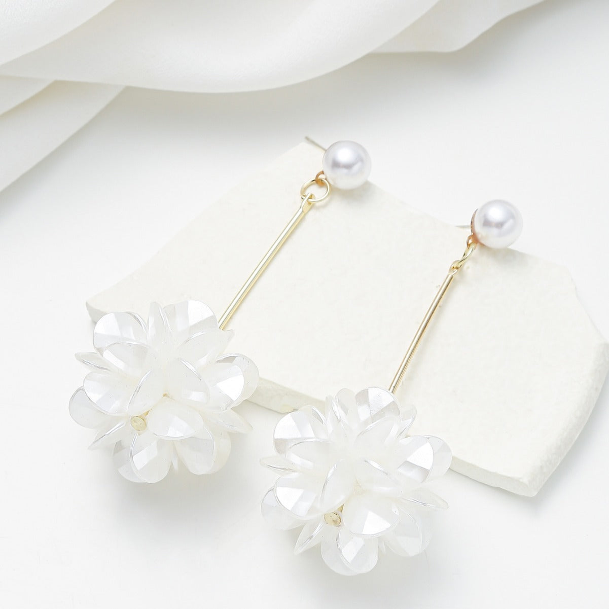 Minimalist Floral Pearl Stud Earrings with Long Tassel Dangle for Women Alloy Base with Electroplated Finish
