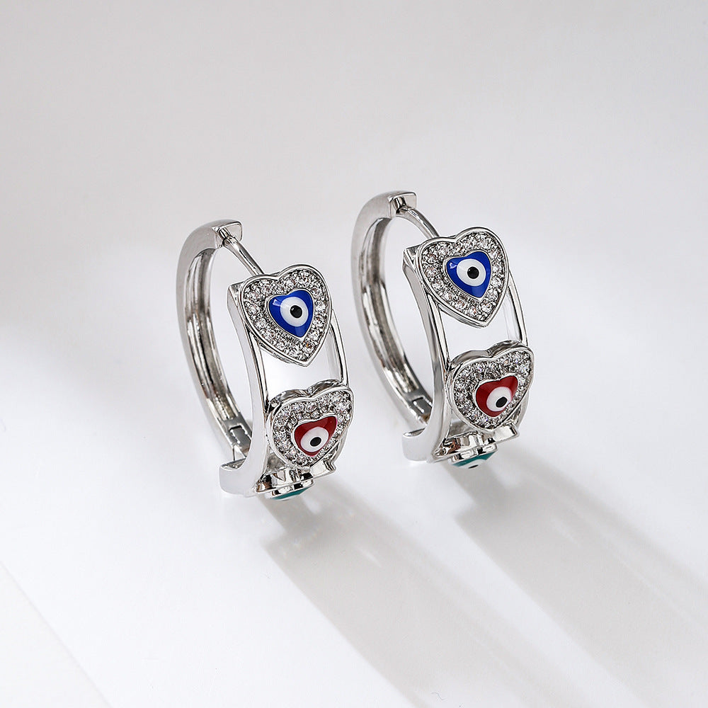 Orecchini da Donna a Cuore in Rame, alla Moda, con Micro-Incisione di Strass e Dettagli in Smalto