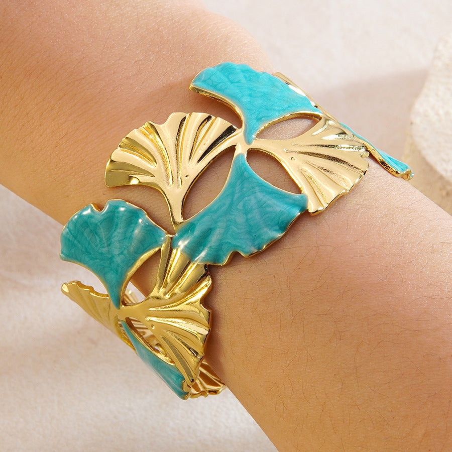 Sweet Minimalist Drip Oil Floral Ginkgo Leaf Stainless Steel Cuff Bracelet
