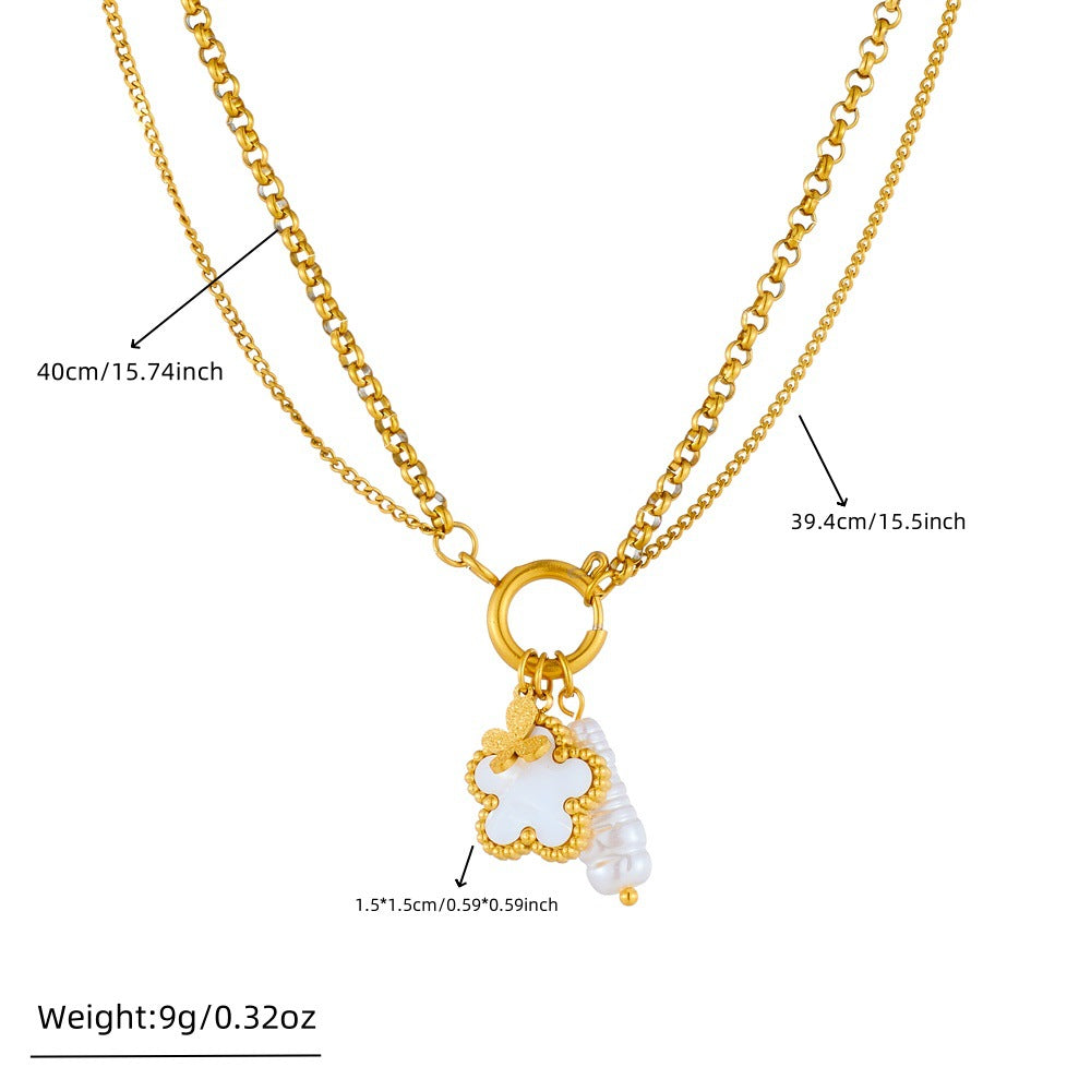 Fashion Elegant Floral Flower Butterfly Round Stainless Steel Plated Pendant Cable Chain Jewelry Set for Women