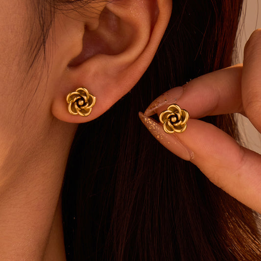 Fashion OL 18K Gold Plated Stainless Steel 3D Floral Stud Earrings for Women