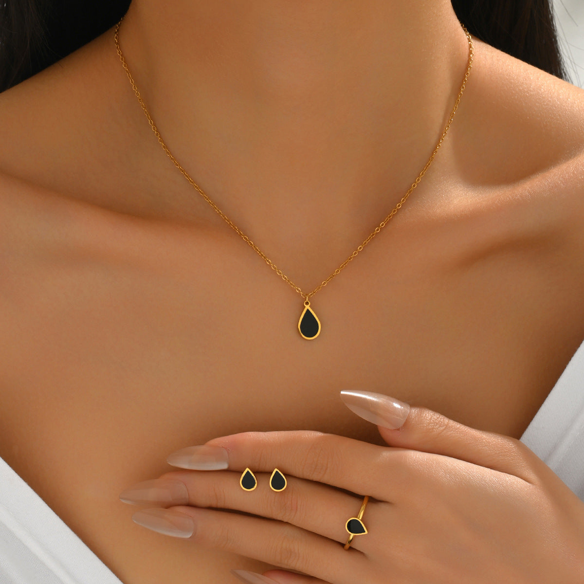 Juego de collar, pendientes y anillo de mujer con diseño de gota geométrica con microincrustaciones de aleación, joyería de moda para ir al trabajo