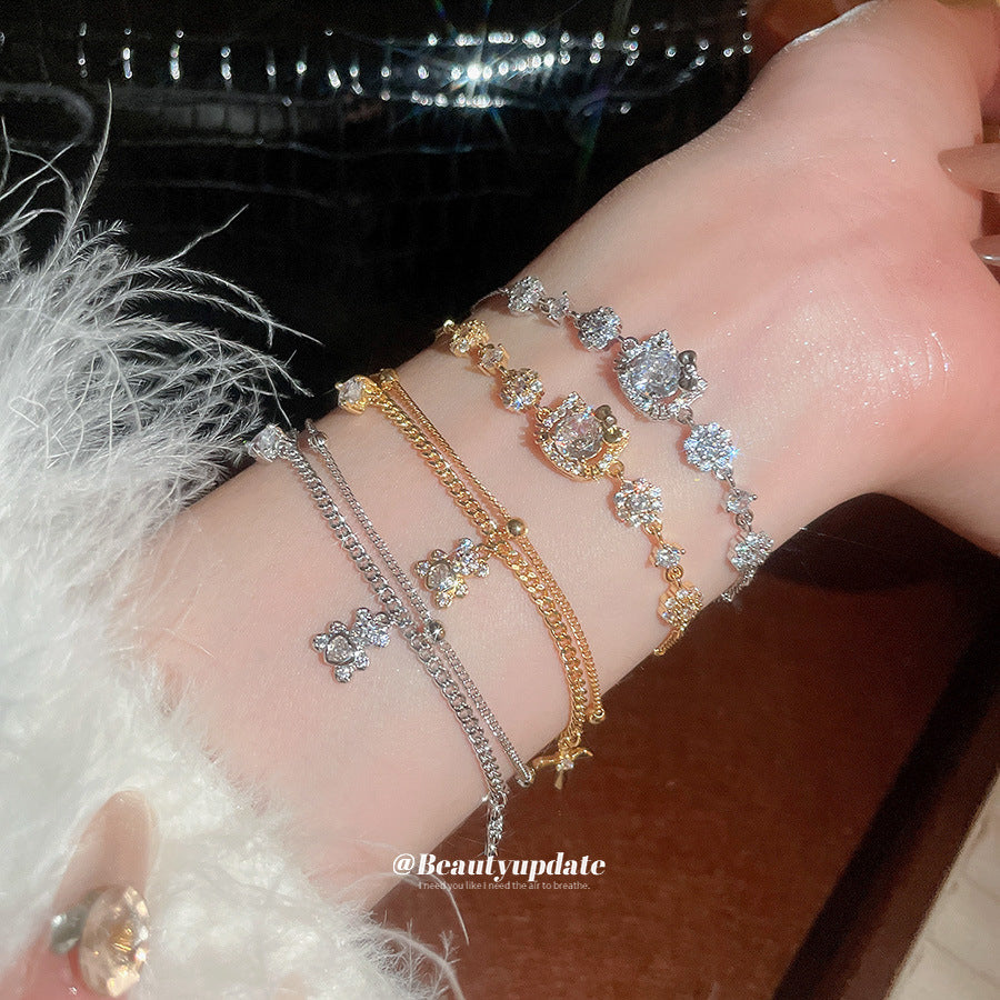 Light Luxury 18K Gold Plated Cubic Zirconia Cat Bear Animal Bracelet for Women