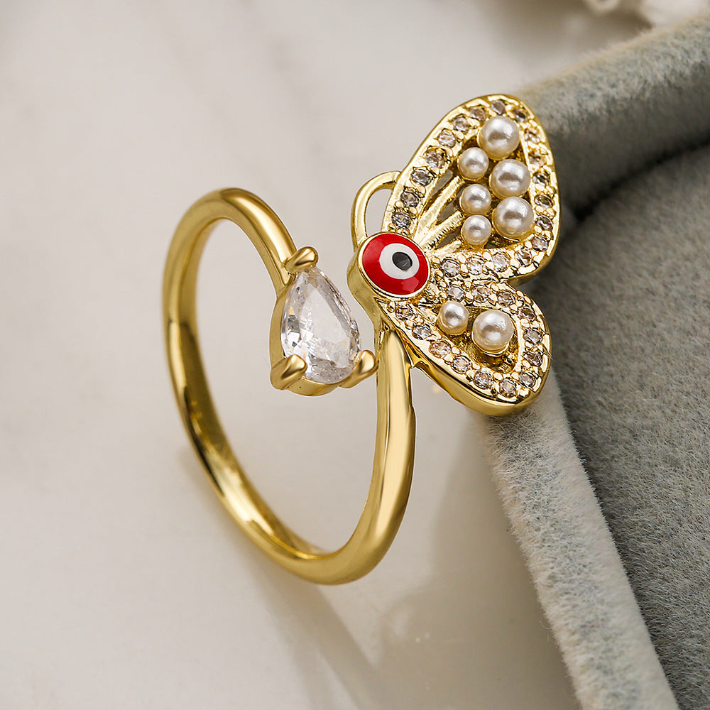 Elegant Butterfly-Shaped Geometric Open Ring for Women with Zircon and Pearl Accents, Micro-Paved Copper Jewelry
