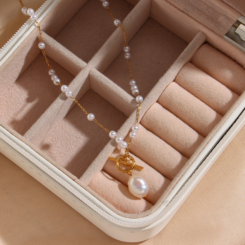 Minimalist Fashion Baroque Pearl Pendant Necklace with Stainless Steel Snake Chain and 18K Gold Plating for Women
