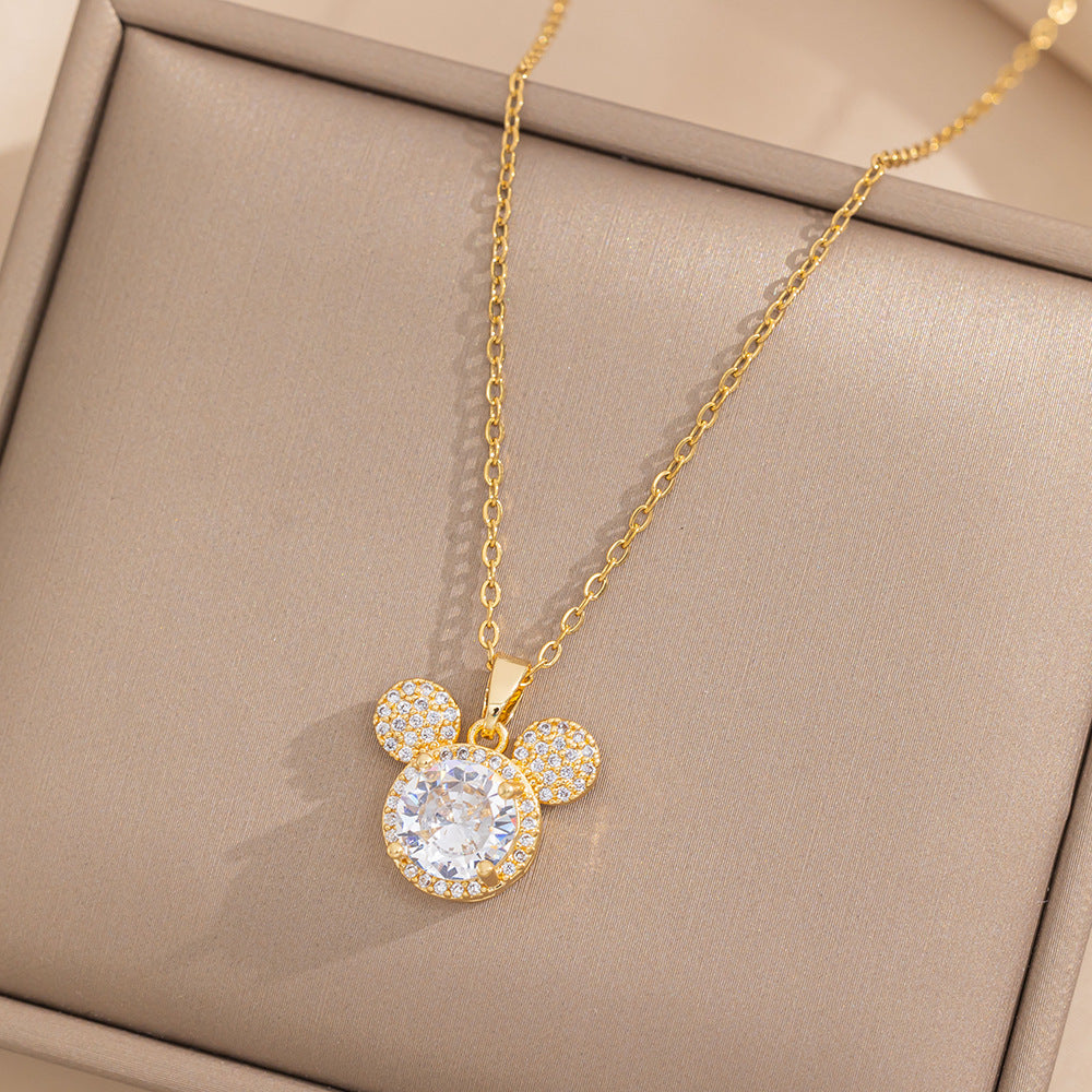 Collar con colgante de ratón geométrico minimalista para mujer, de acero de titanio con incrustaciones de diamantes de imitación y acabado chapado en cadena tipo O