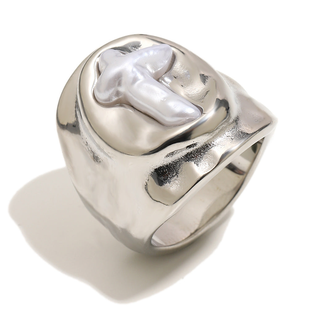 Elegant Minimalist 18K Gold Plated Stainless Steel Cross Oval Imitation Pearl Ring