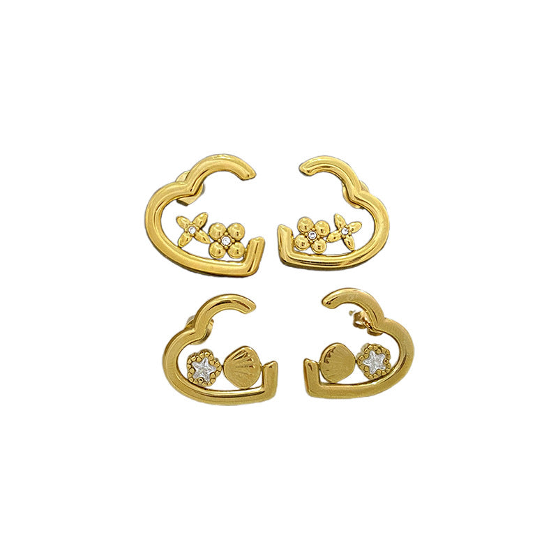 Minimalist Sweet Gold Plated Brass Hollow Heart Shell Stud Earrings