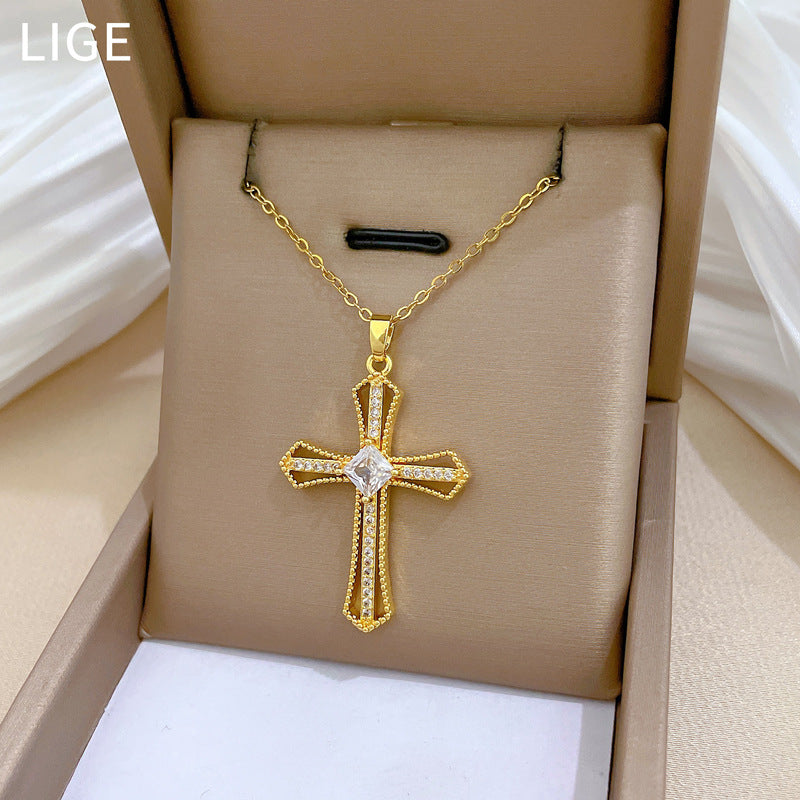 Sweet Minimalist Hollow Cross Rhinestone Titanium Steel Necklace for Unisex