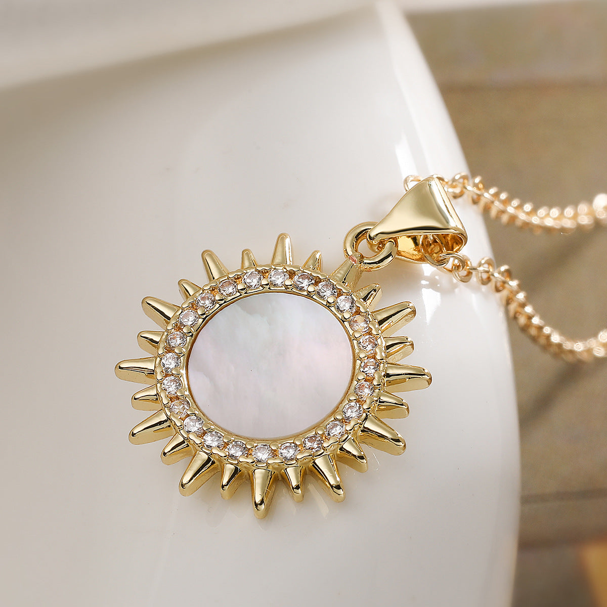 Minimalist Elegant 18K Gold Plated Brass Geometric Key Pendant Necklace with Cubic Zirconia and Shell Inlay for Women