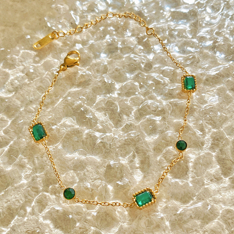 Gold Plated Titanium Steel Square Emerald Micro-set Cubic Zirconia Bracelet Geometric Unisex