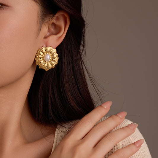 Vintage Style Irregular Textured Flower-Shaped Stainless Steel Earrings with Pearl Inlay for Women