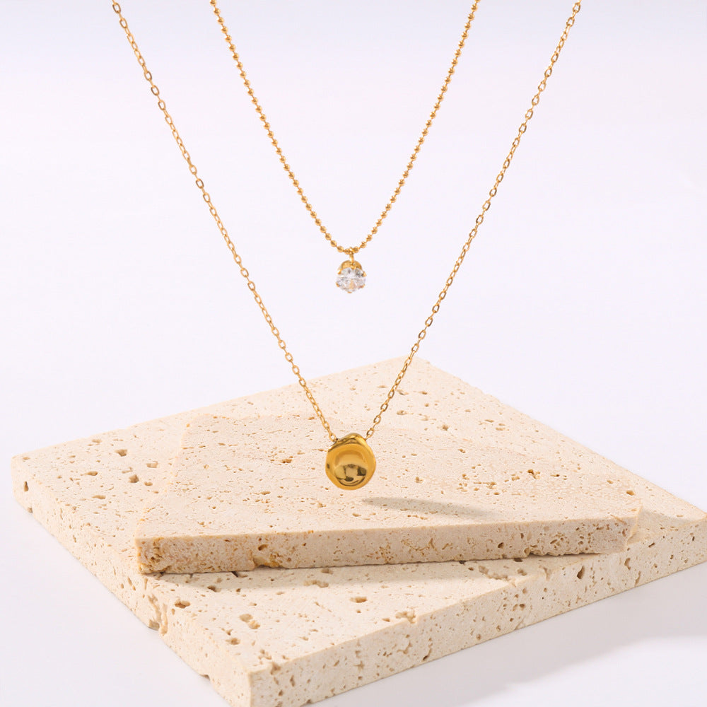 Minimalist Stainless Steel Double Layer Necklace with Titanium Steel Meteorite Crater Pendant and Rhinestone Accents on O-Chain